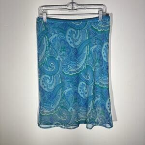 Vintage 90s Paisley Print Midi Skirt Size Large Blue Elastic Waist Low Rise